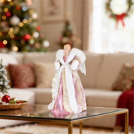 Glitzhome® 18" Faux Fur & PVC Deluxe Pink Christmas Angel Tree Topper with Porcelain Face